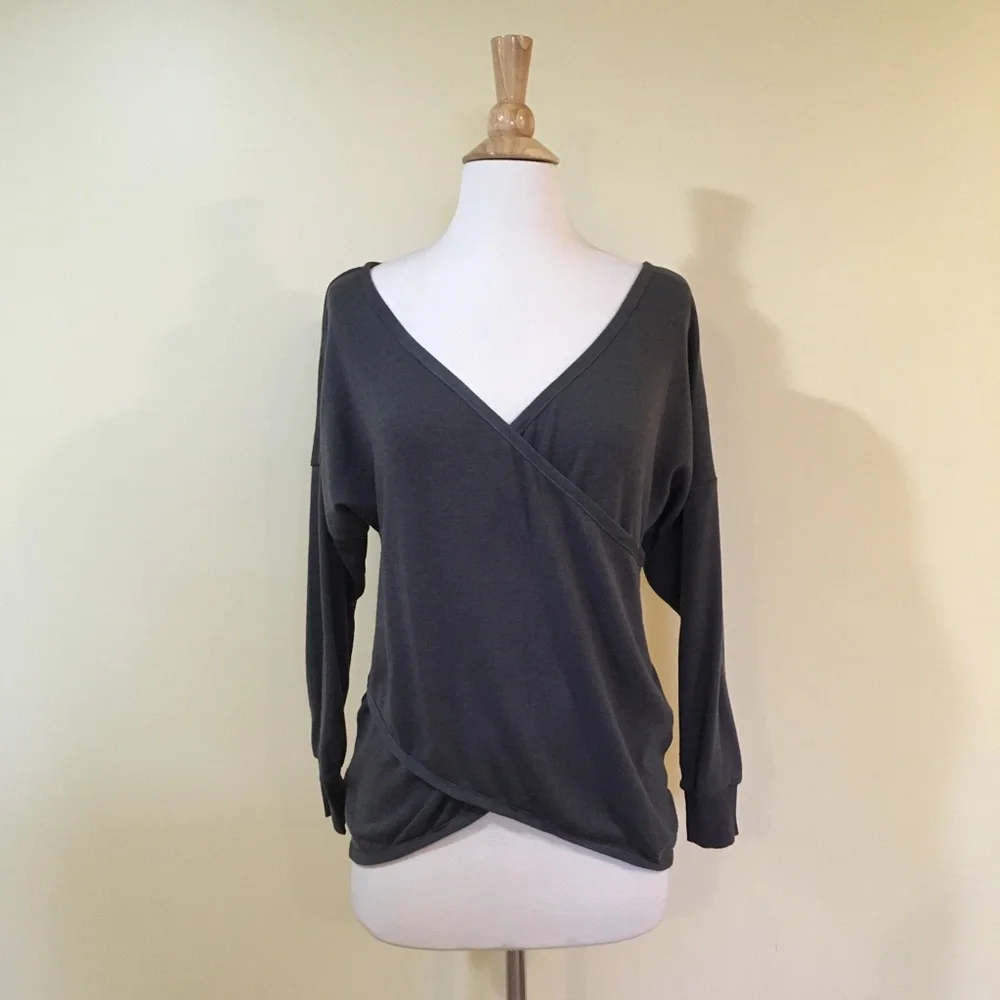 Faux Wrap Criss Cross Front High Low Sweater Top Grey - Picture 4 of 4